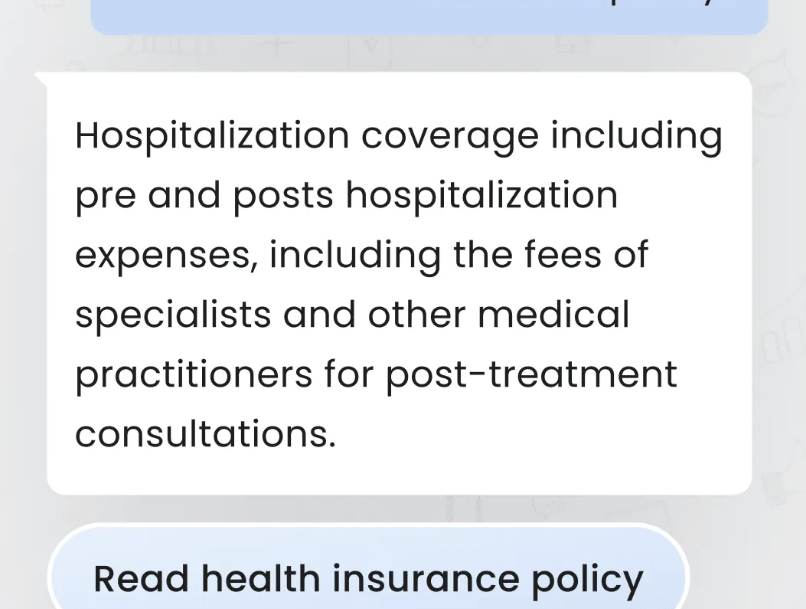 Leena AI chatbot explaining health insurance coverage with quick access to policy and insurance card.