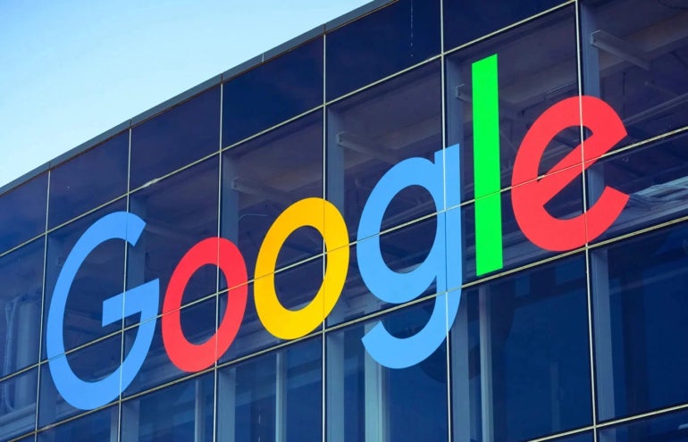 Google logo outside headquarters.