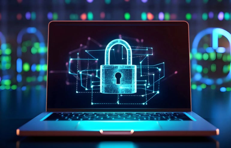 AI concept of cybersecurity on laptop.