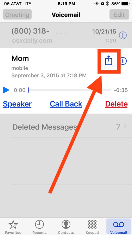 A screenshot of a voicemail recording on iPhone.